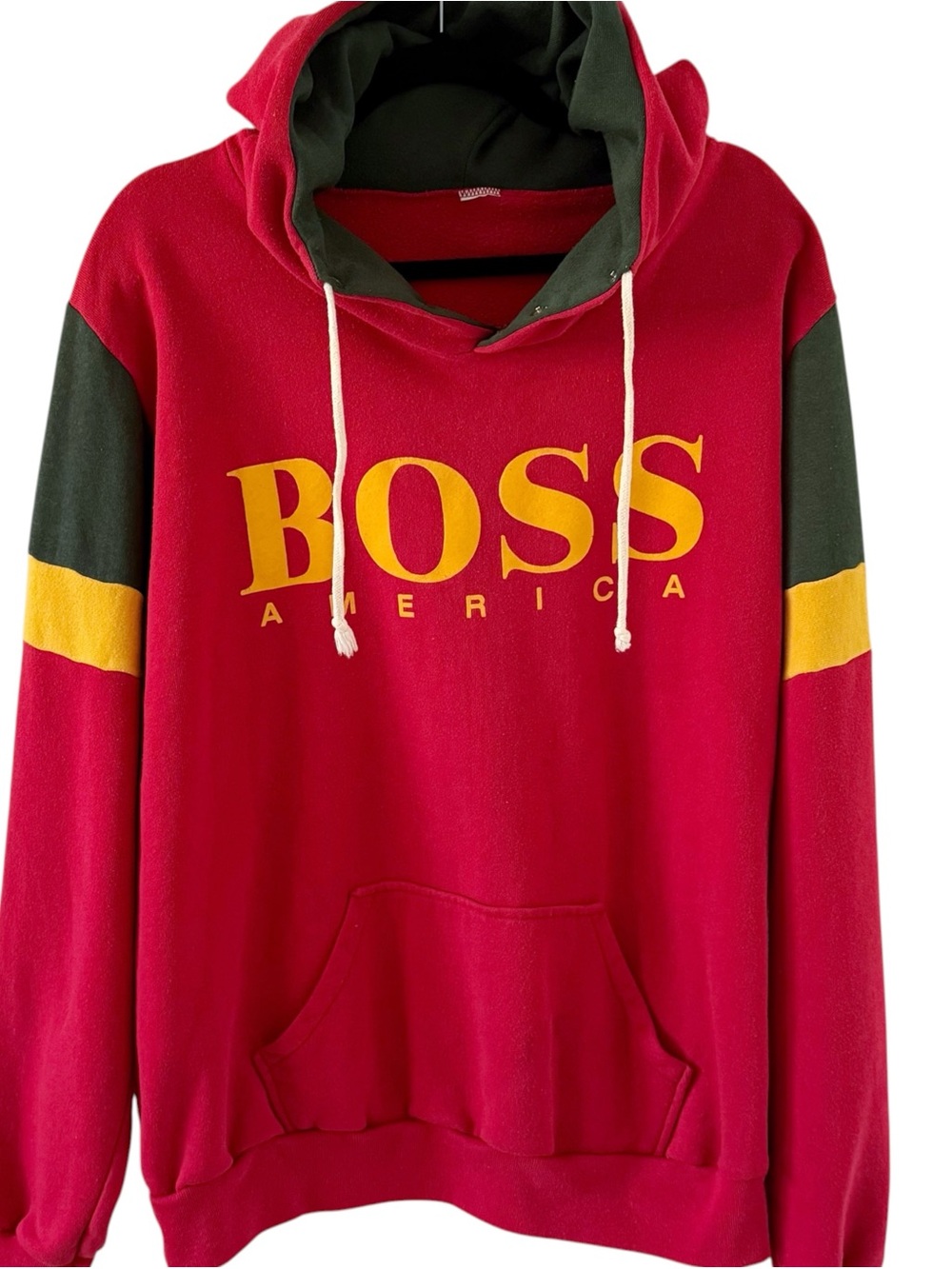 Vintage Boss America Spellout Pullover Hoodie Sweatshirt Rastafarian Striped M/L